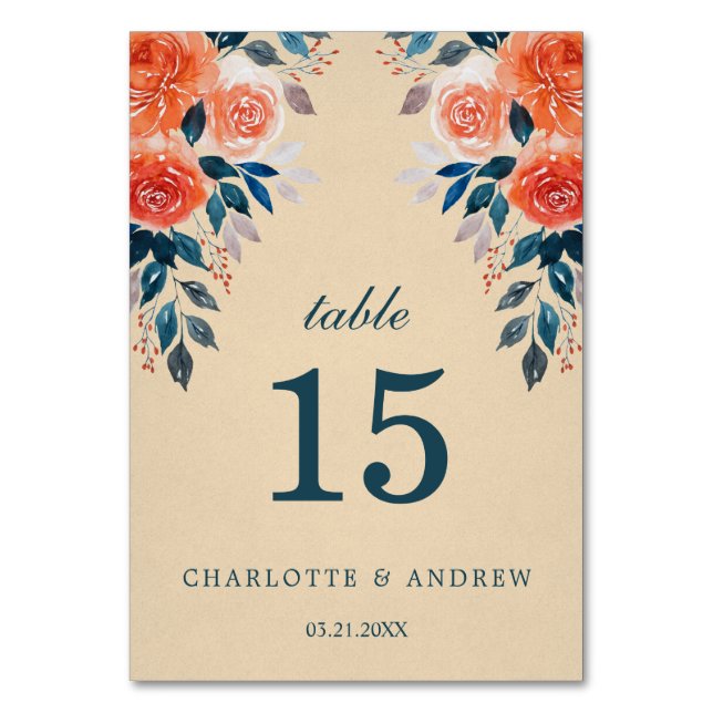 Elegant Watercolor Orange Roses Wedding Table Number (Back)