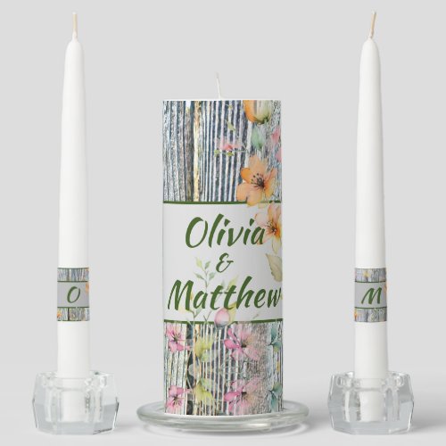 Elegant watercolor orange wildflowers barnwood unity candle set