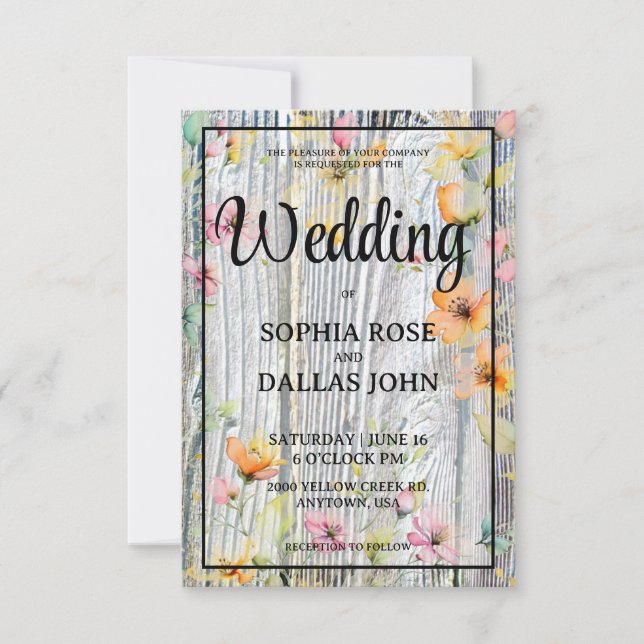 Elegant watercolor orange wildflowers rustic weddi invitation (Front)