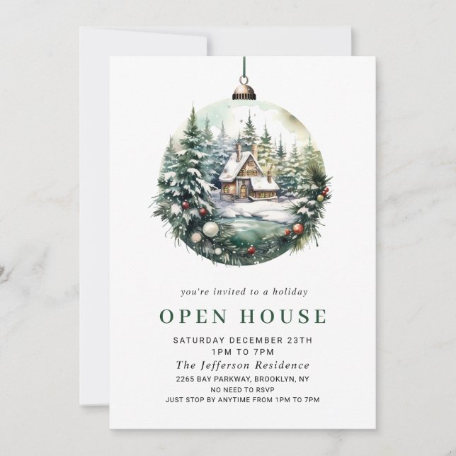 Elegant Watercolor Ornament Christmas OPEN HOUSE Invitation (Front)