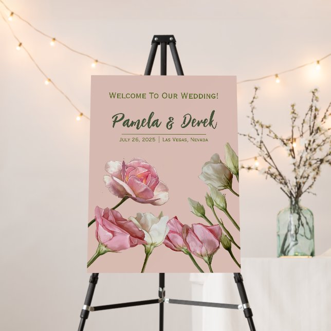 Elegant Watercolor Painted Roses Wedding Sign (In Situ (Stand))