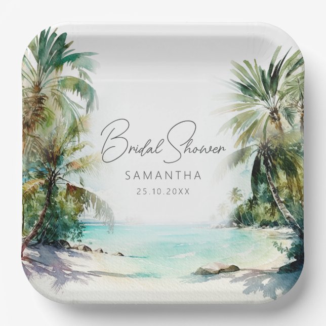 Elegant Watercolor Palm Tree Beach Bridal Shower Paper Plates (Front)