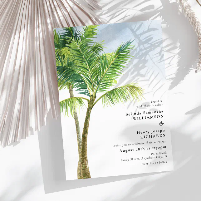 Elegant Watercolor Palm Tree Beach Wedding Invitation | Zazzle