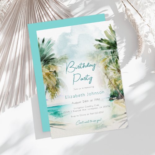 Elegant watercolor Palm Trees Birthday Invitation