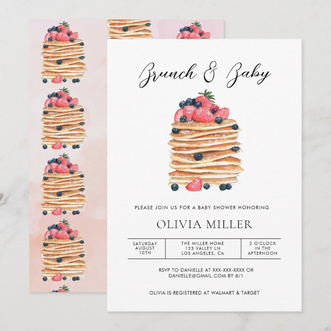 Elegant Watercolor Pancakes Brunch & Baby Shower  Invitation (Front/Back)