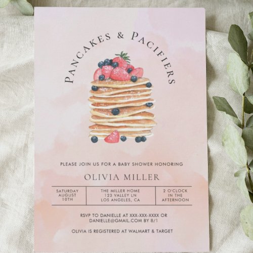 Elegant Watercolor Pancakes Brunch  Baby Shower Invitation