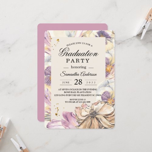 Elegant Watercolor Pansy  Purple Flowers  Invitation