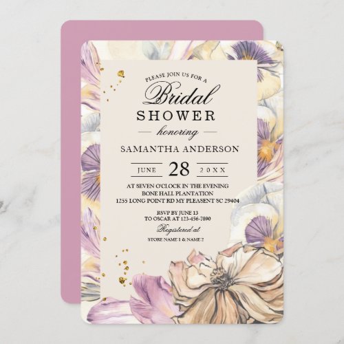 Elegant Watercolor Pansy  Purple Flowers  Invitation