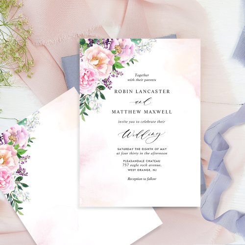 Elegant Watercolor Pastel Joyful Floral Wedding In Invitation