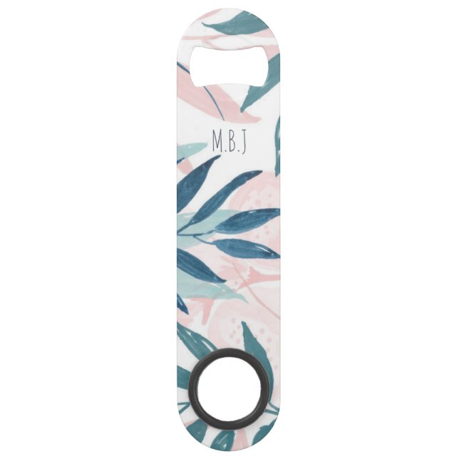 Elegant Watercolor Pastel Leaves Monogram Bar Key (Front)