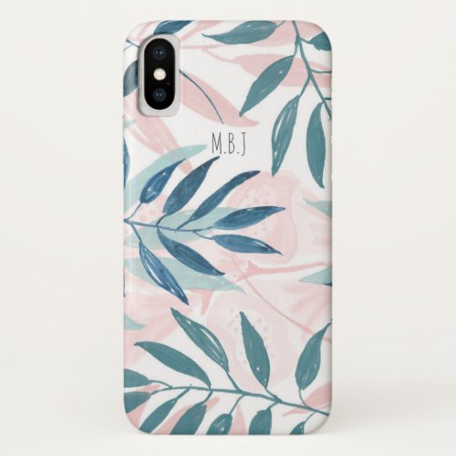 Elegant Watercolor Pastel Leaves Monogram iPhone X Case