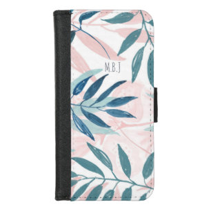 Elegant Watercolor Pastel Leaves Monogram iPhone 8/7 Wallet Case