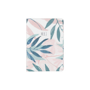 Elegant Watercolor Pastel Leaves Monogram Passport Holder