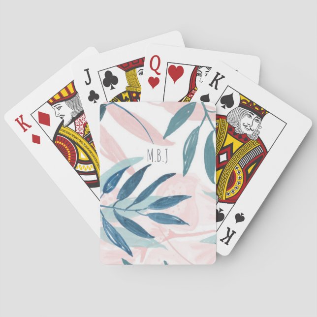 Elegant Watercolor Pastel Leaves Monogram Poker Cards (Back)