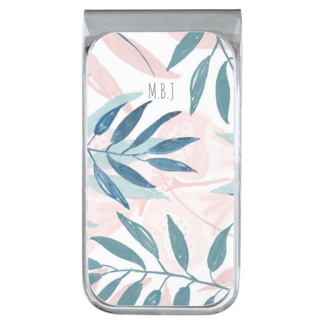 Elegant Watercolor Pastel Leaves Monogram Silver Finish Money Clip (Front Vertical)