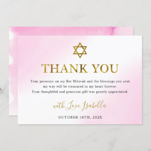 Elegant Watercolor Pastel Pink Gold Bat Mitzvah Thank You Card