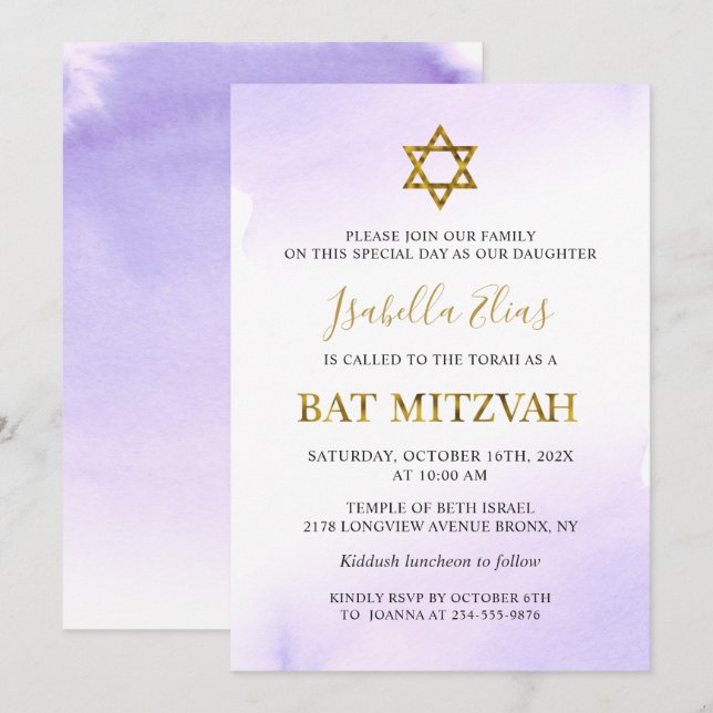 Elegant Watercolor Pastel Purple Gold Bat Mitzvah  Invitation (Front/Back)