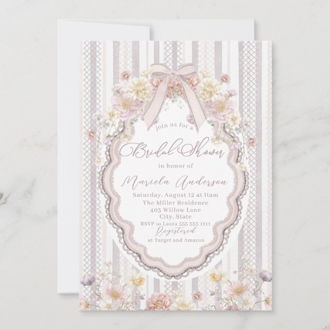 Elegant Watercolor pastel wildflower bow lace Brid Invitation (Front)