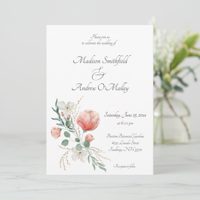 Elegant Watercolor Peach and Green Floral Wedding  Invitation (Standing Front)