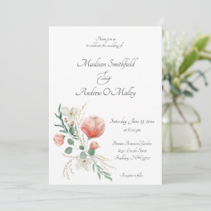 Elegant Watercolor Peach and Green Floral Wedding  Invitation