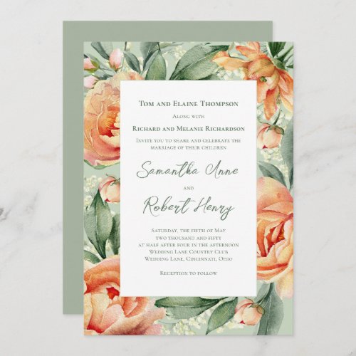 Elegant Watercolor Peach Flora Wedding Invitation