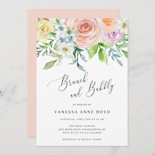 Elegant Watercolor Peach Floral Brunch and Bubbly Invitation