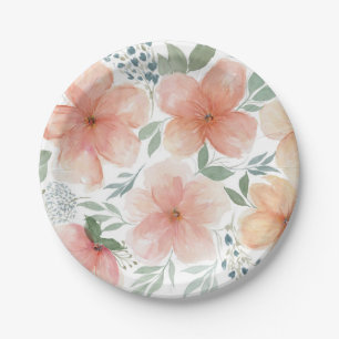 Elegant Watercolor Peach Floral  Paper Plates
