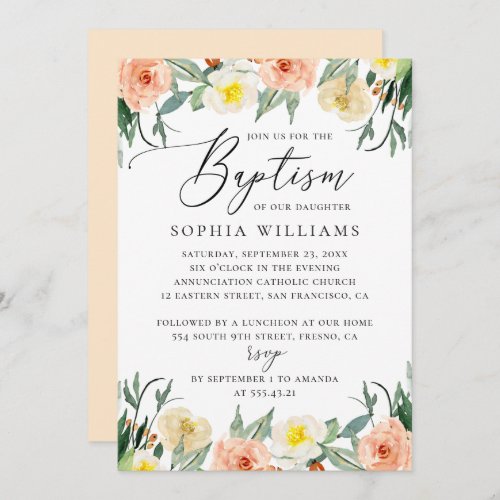 Elegant watercolor peach garden floral baptism invitation