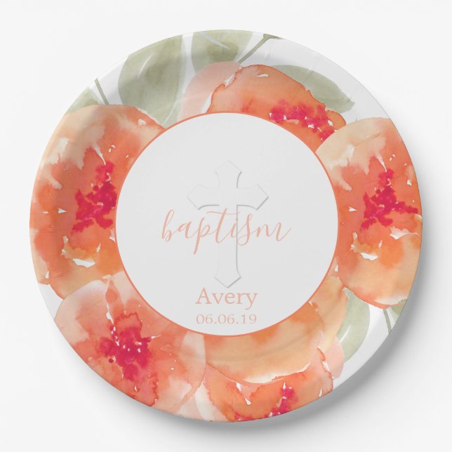 Elegant Watercolor Peach Peonies Baptism Religious Paper Plates (Front)