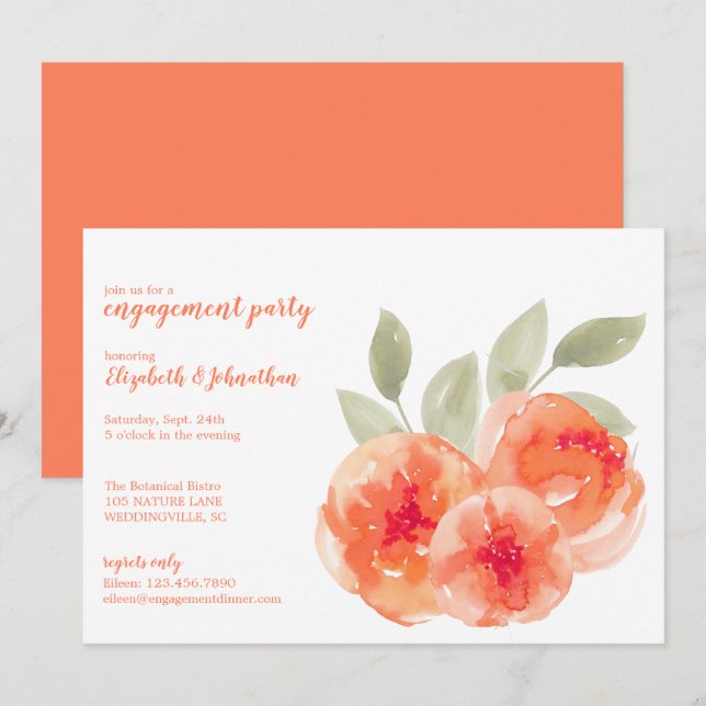 Elegant Watercolor Peach Peonies Engagement Party Invitation (Front/Back)