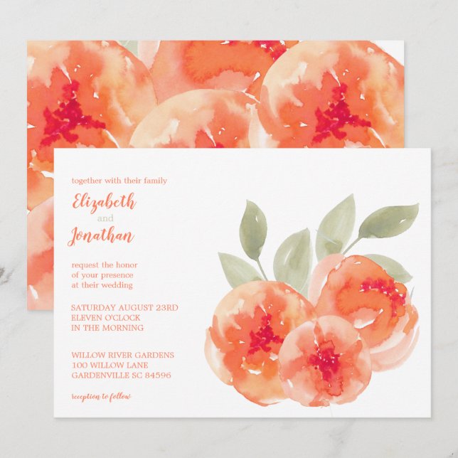 Elegant Watercolor Peach Peonies Floral Wedding Invitation (Front/Back)