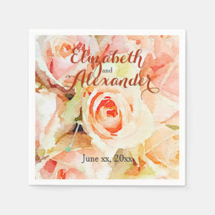 Elegant Watercolor Peach Roses Wedding Paper Napkins
