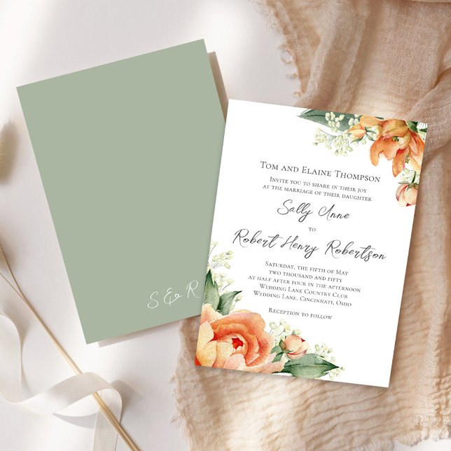 Elegant Watercolor Peach Wedding Floral Invitation (Peach floral elegant invitation)