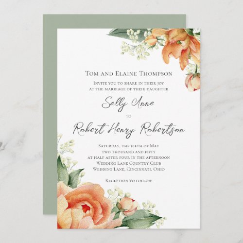 Elegant Watercolor Peach Wedding Floral Invitation