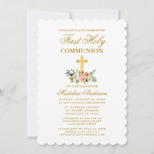Elegant Watercolor Peach White Floral Communion Invitation