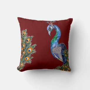 Elegant Watercolor Peacock Burgundy Throw Pillow