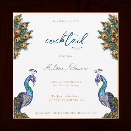 Elegant Watercolor Peacock Cocktail Party Invitation