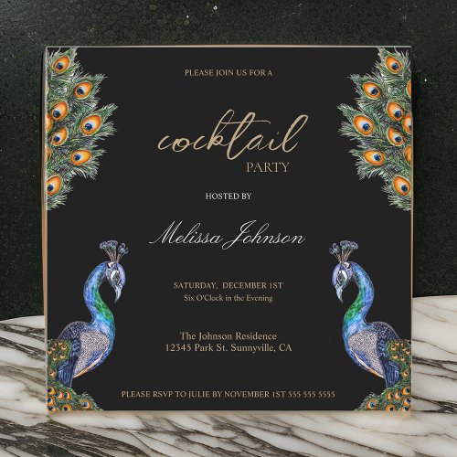 Elegant Watercolor Peacock Cocktail Party Invitation