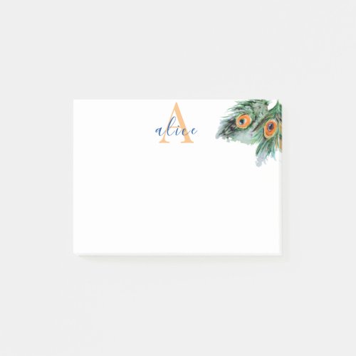 Elegant Watercolor Peacock Feather Monogram Post_it Notes