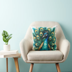 Elegant Watercolor Peacock Feather Throw Pillow