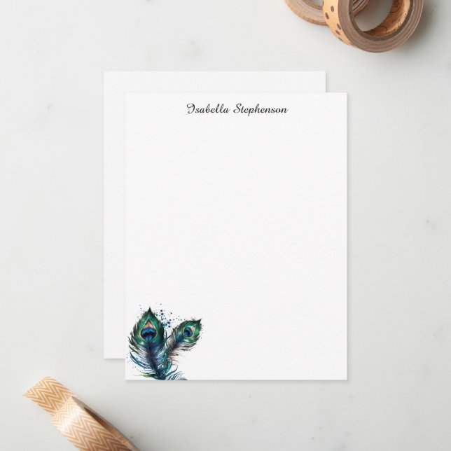 Elegant Watercolor Peacock Feathers Personalized Note Card (Front/Back In Situ)