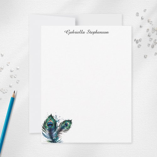 Elegant Watercolor Peacock Feathers Personalized Note Card