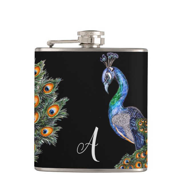 Elegant Watercolor Peacock Monogram Flask (Front)