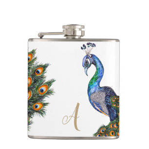 Elegant Watercolor Peacock Monogram Flask