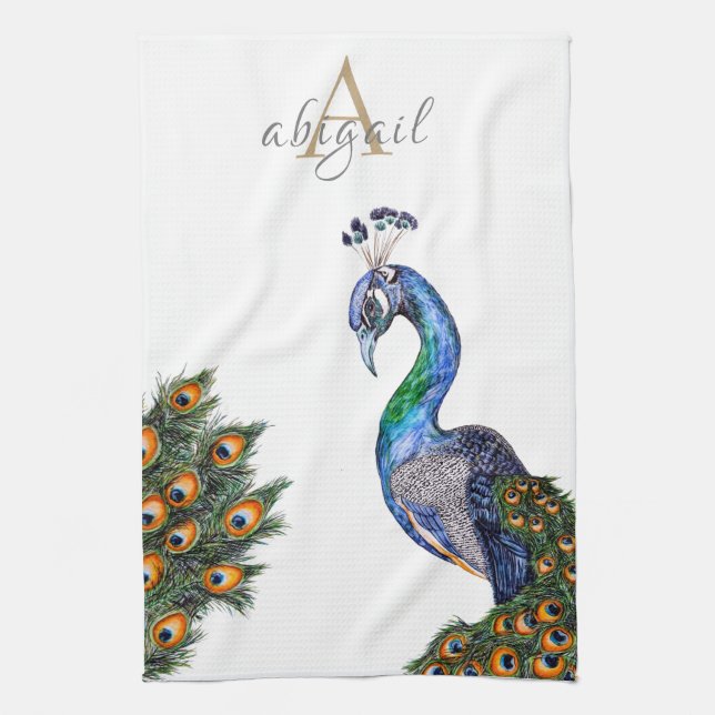 Elegant Watercolor Peacock Monogram Kitchen Towel (Vertical)