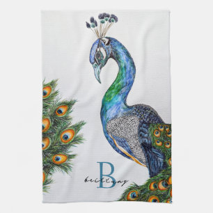 Elegant Watercolor Peacock Monogram Kitchen Towel