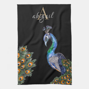 Elegant Watercolor Peacock Monogram Kitchen Towel