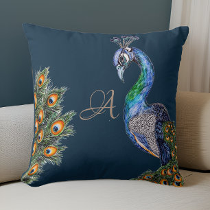 Elegant Watercolor Peacock Monogram Navy Throw Pillow