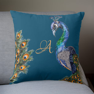 Elegant Watercolor Peacock Monogram Navy Throw Pillow
