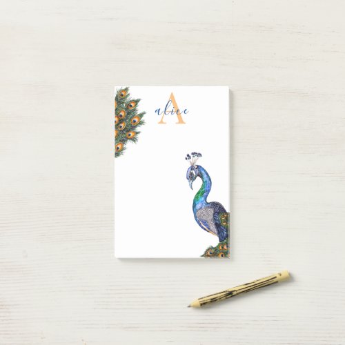 Elegant Watercolor Peacock Monogram Post_it Notes